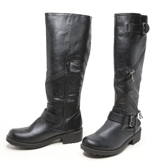Mossimo Supply Co. Black Vegan Faux Leather Moto Biker Boots  Knee High Zippers - Picture 4 of 15
